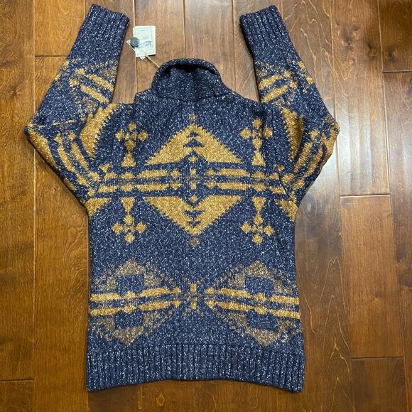 Schott NYC Prescott Southwestern NWT Cardigan Sweater Yak Wool Blue Tan Men's M - Picture 5 of 10